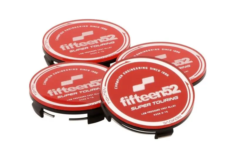 Fifteen52 Super Touring Center Cap Set – Four-Piece Red & Chrome Design For Chicane/Podium Wheels 1