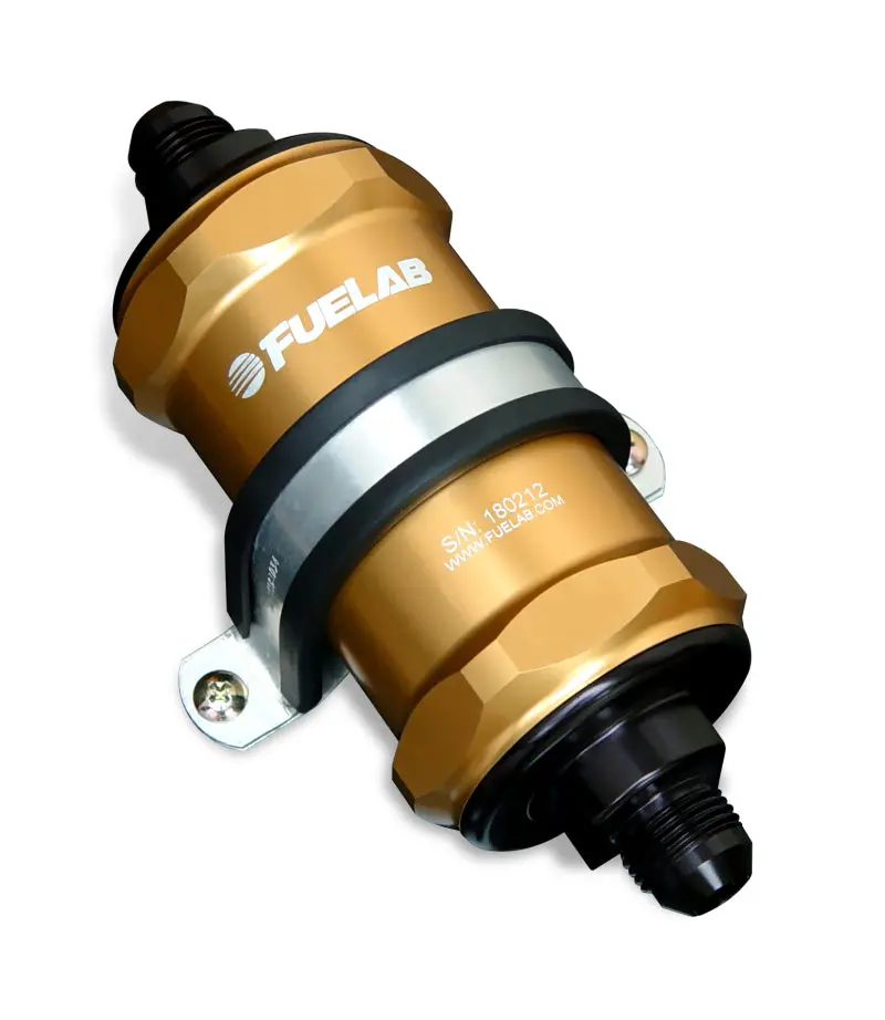 Fuelab In-Line Fuel Filter – -8An, 10-Micron Fabric W/ Check Valve, Gold Finish 1