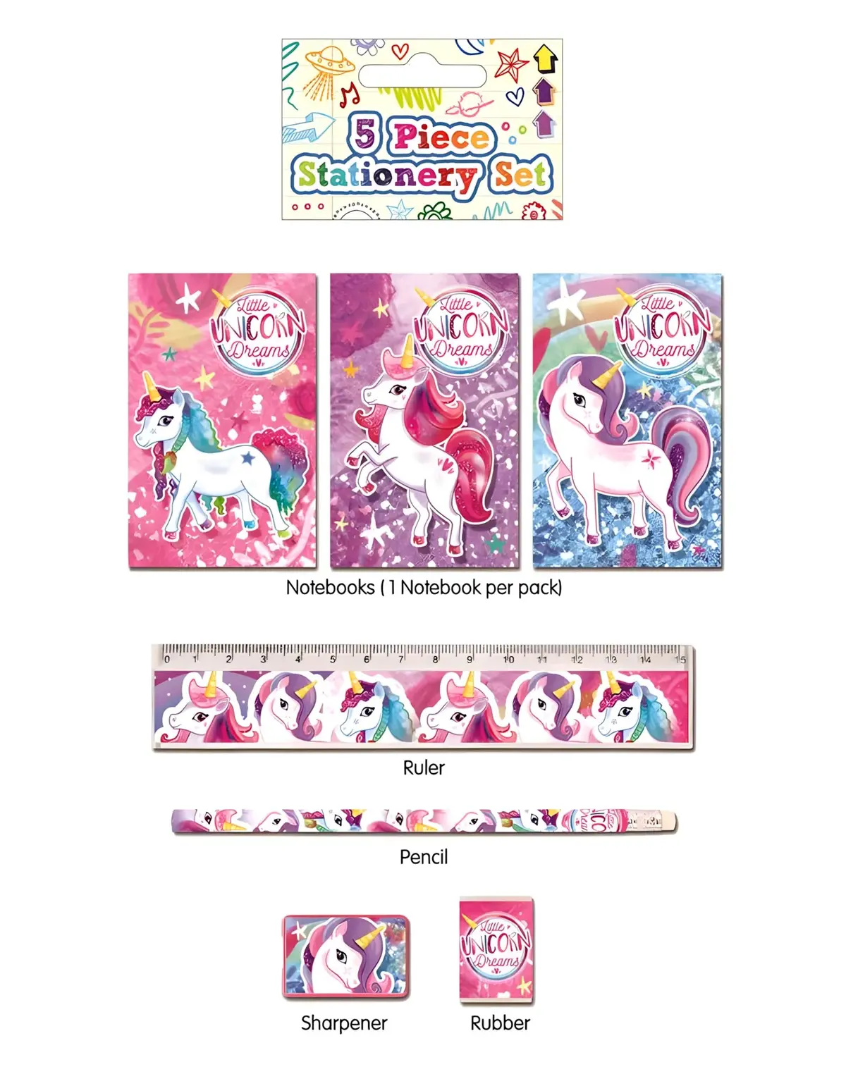 5 Piece Stationary Set - Pink Unicorn 1