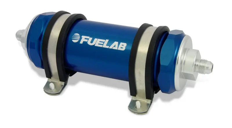 Fuelab 828 Inline Fuel Filter — Stainless Steel Housing, -10An Inlet / -12An Outlet, 100-Micron Rating, Blue Anodized 1