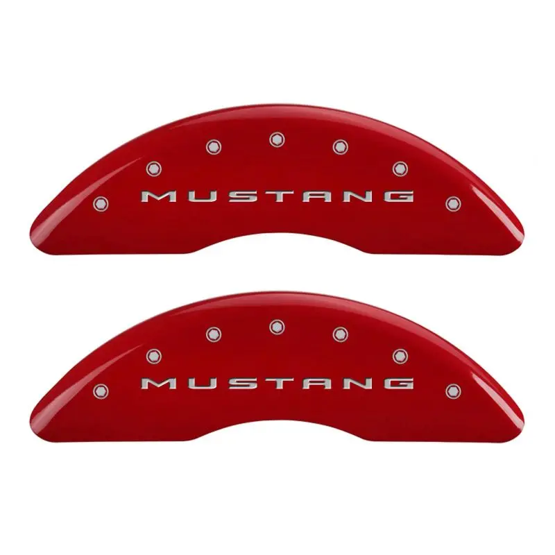 Mgp Engraved 4-Piston Caliper Covers — Front & Rear For 2015 Ford Mustang, Bar & Pony Red Finish With Silver Chrome Accents 1