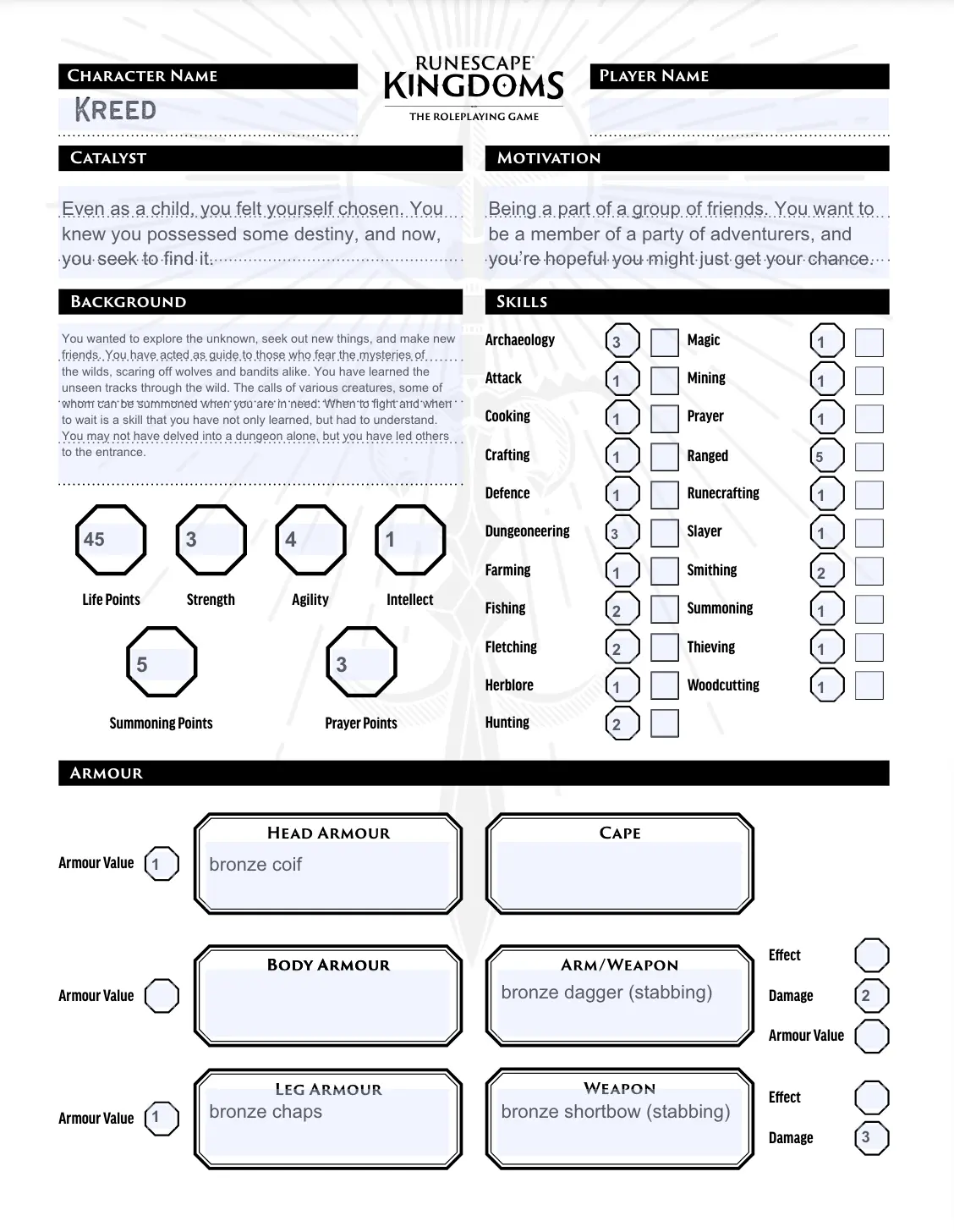 Runescape Kingdoms: Roleplaying Game Character Sheet - Kreed - Ranger Explorer (Pdf) 1