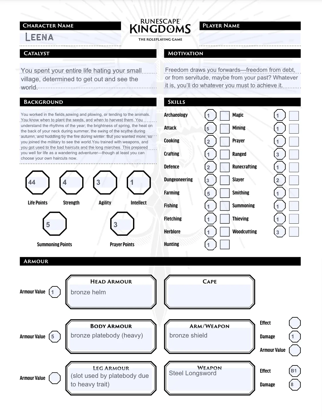 Runescape Kingdoms: Roleplaying Game Character Sheet - Leena - Farmer Soldier (Pdf) 1