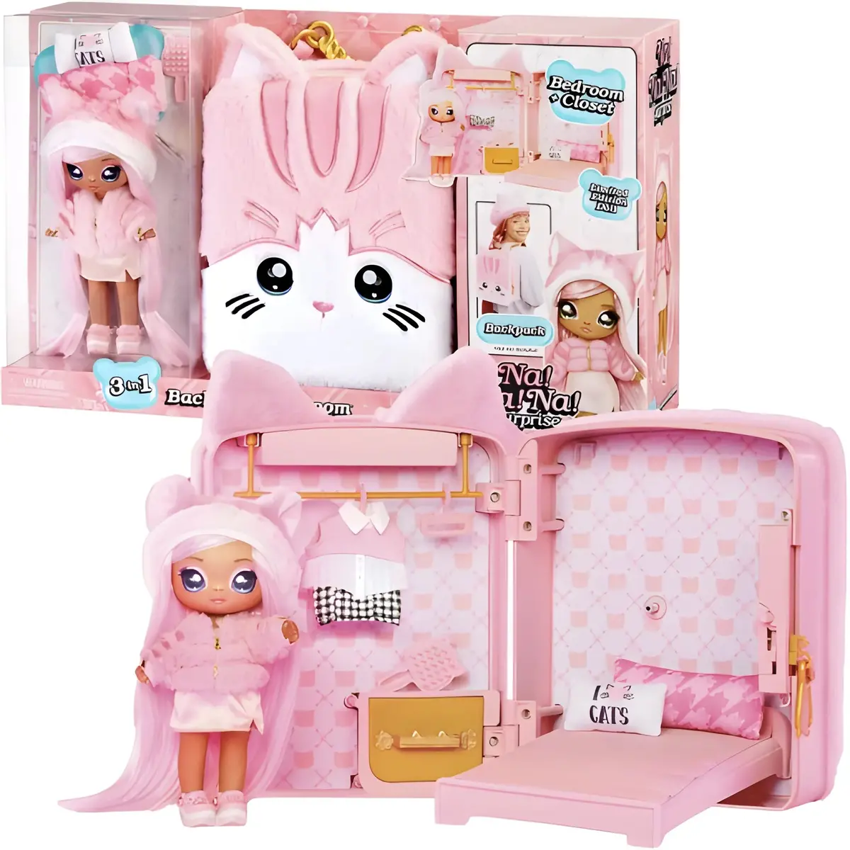 Na! Na! Na! Surprise 3-In-1 Backpack Bedroom Pink Kitty Playset 1