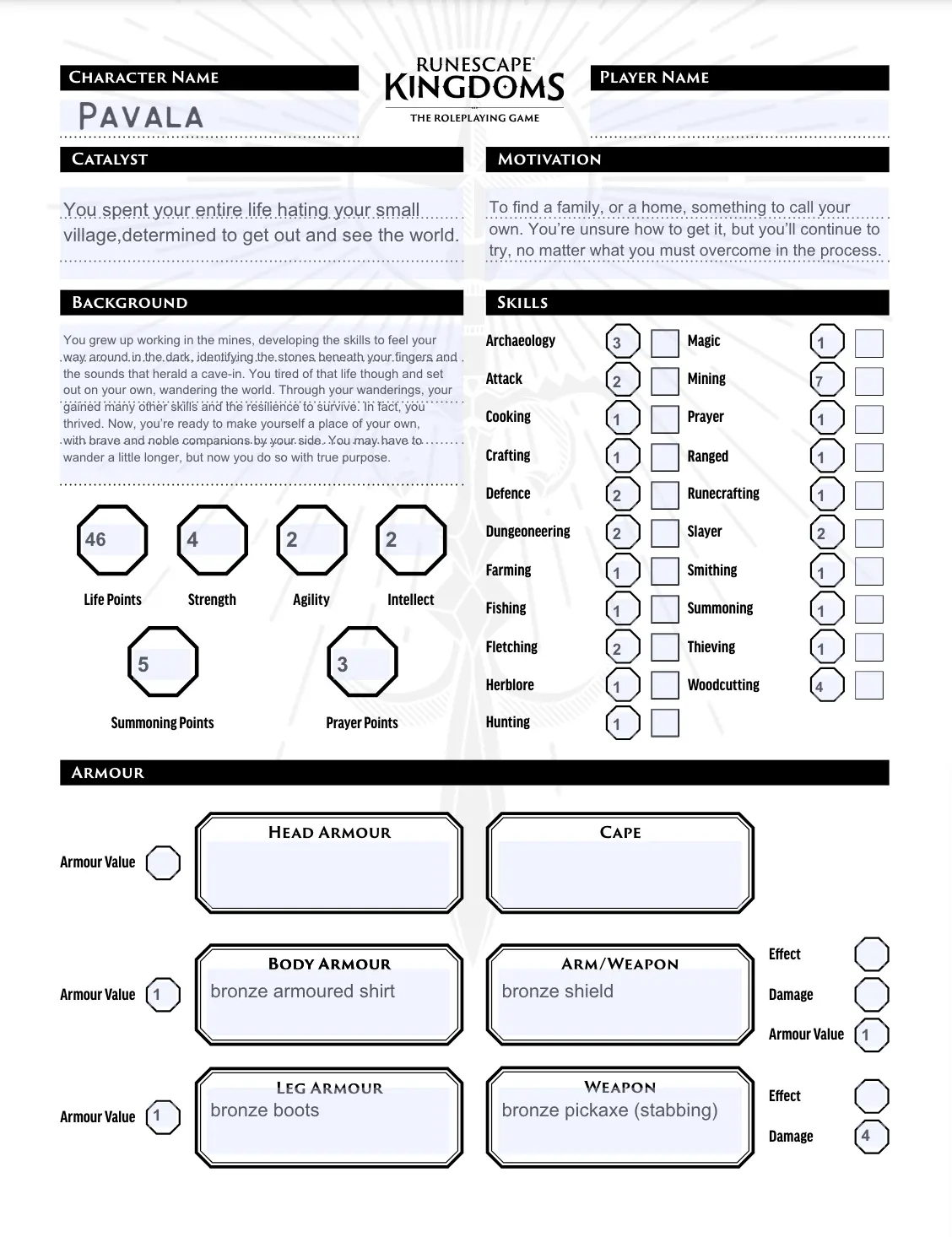 Runescape Kingdoms: Roleplaying Game Character Sheet - Pavala - Miner Wanderer (Pdf) 1