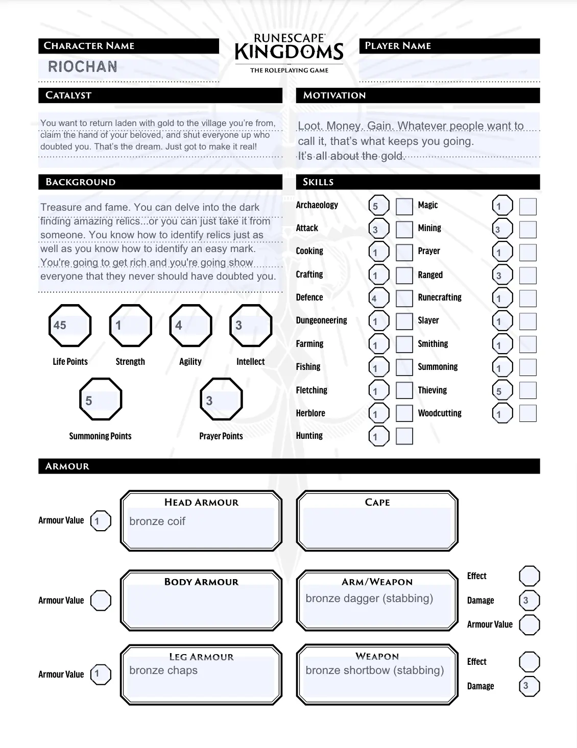 Runescape Kingdoms: Roleplaying Game Character Sheet - Riochan - Cutpurse Raider (Pdf) 1