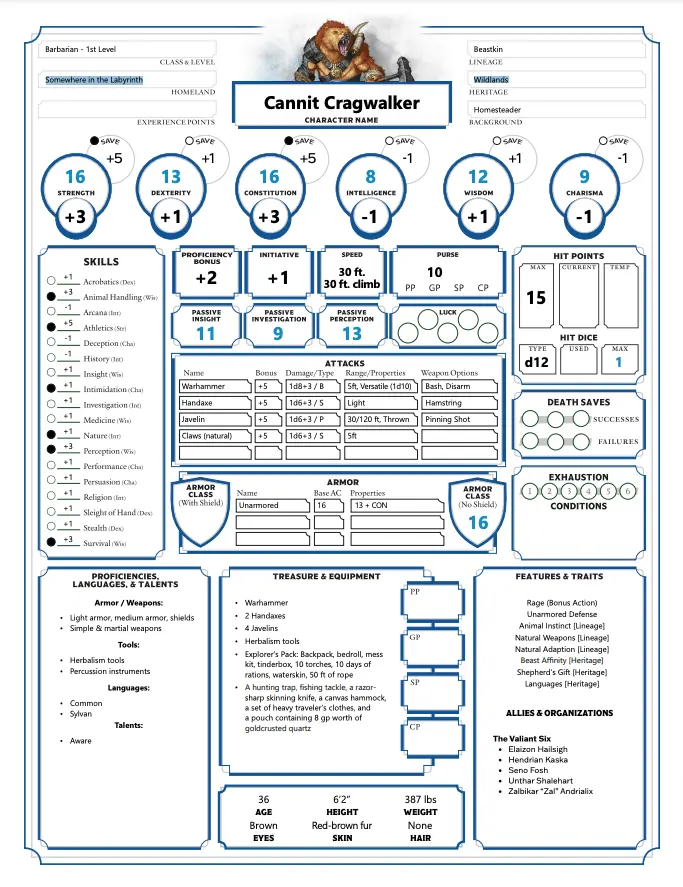 Tales Of The Valiant: Character Sheet - Cannit Cragwalker (Pdf) 1