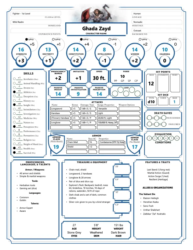 Tales Of The Valiant: Character Sheet - Ghada Zayd (Pdf) 1