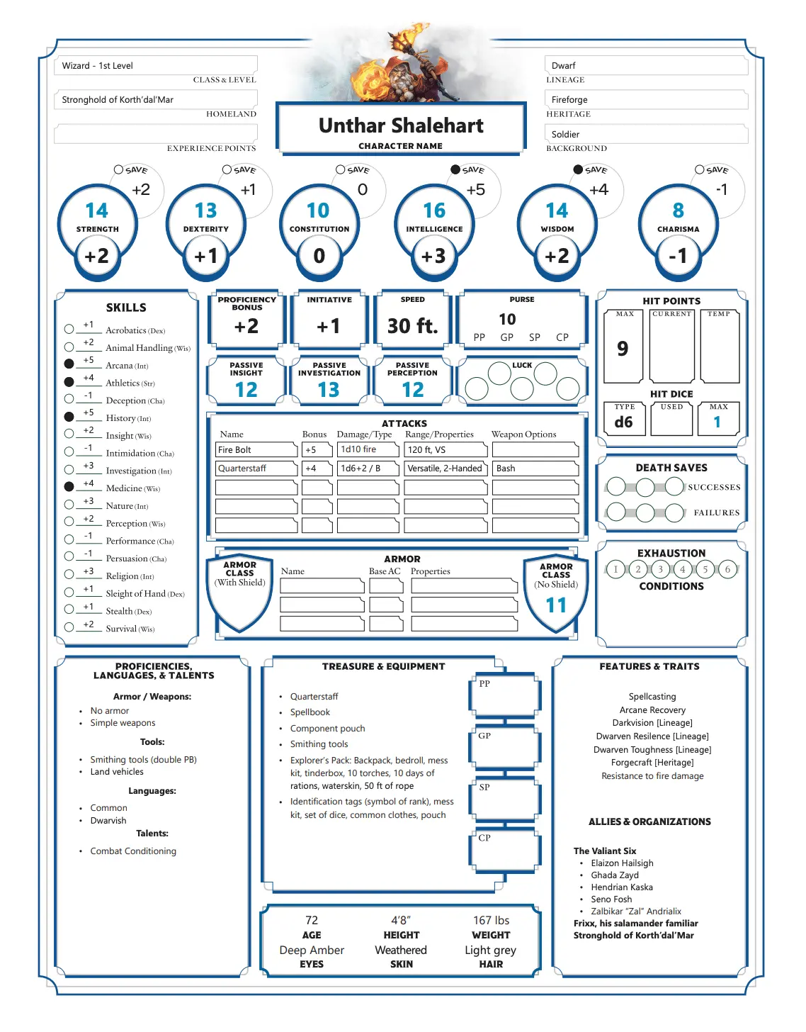 Tales Of The Valiant: Character Sheet - Unthar Shalehart (Pdf) 1