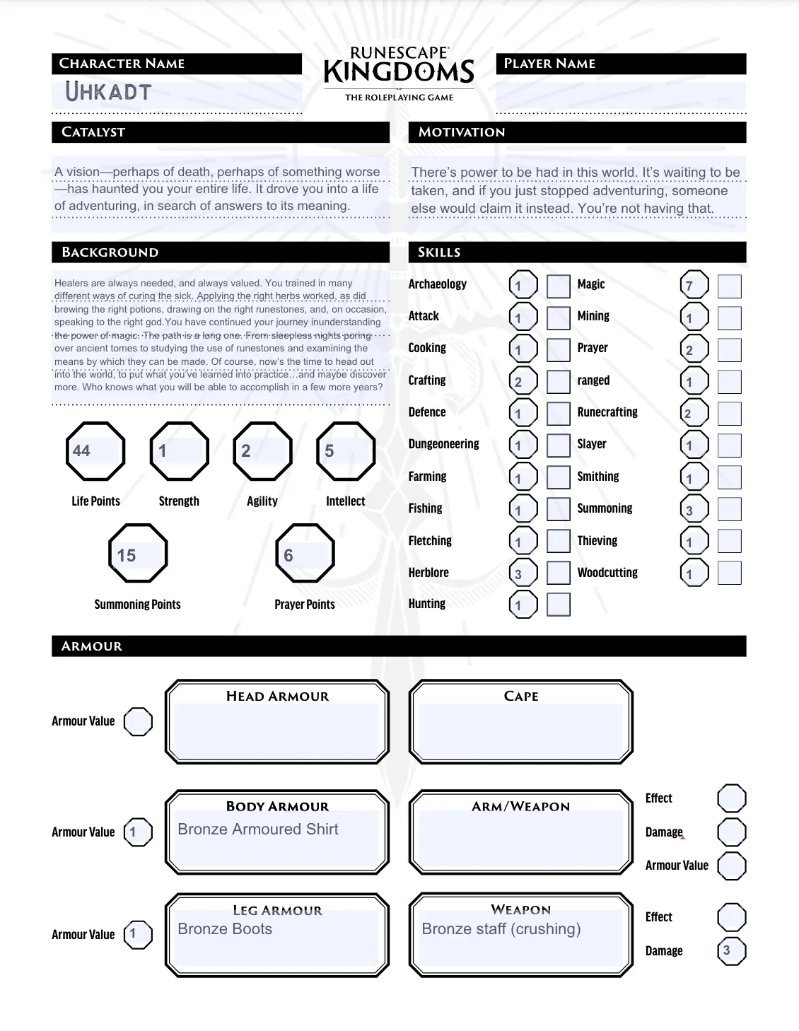 Runescape Kingdoms: Roleplaying Game Character Sheet - Uhkadt - Apprentice Wizard Travelling Healer (Pdf) 1
