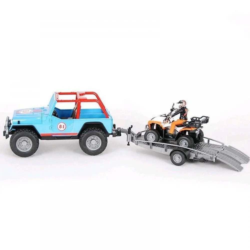 Bruder Blue Jeep Racing Car With Trailer, Quad Bike And Driver 1