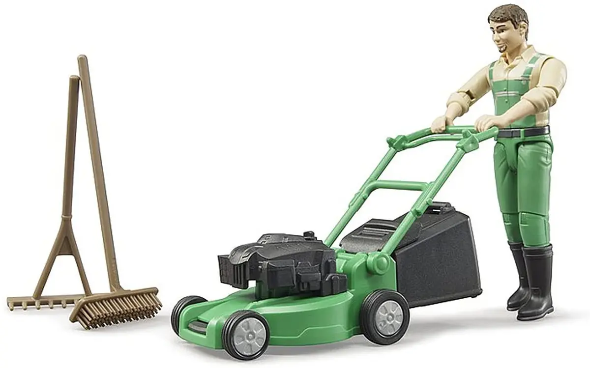 Bruder Bworld Gardener With Lawn Mower And Equipment 1