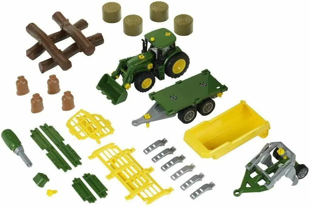 Klein John Deere 6215R Tractor With Wood And Hay Cart Trailer 1