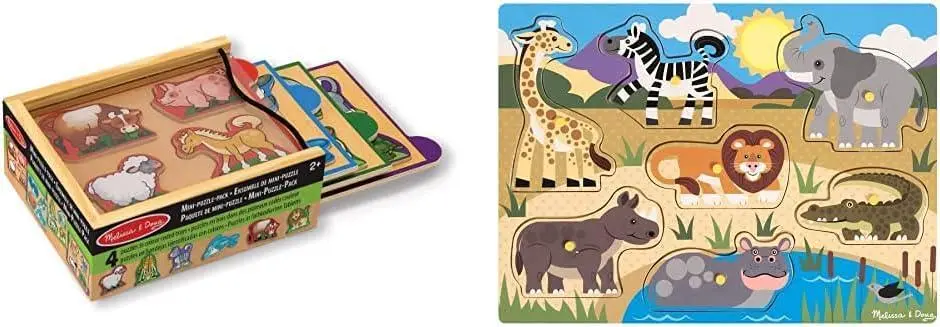 Melissa & Doug Animals Mini-Puzzle Pack & Wooden Toy Peg Puzzle 1