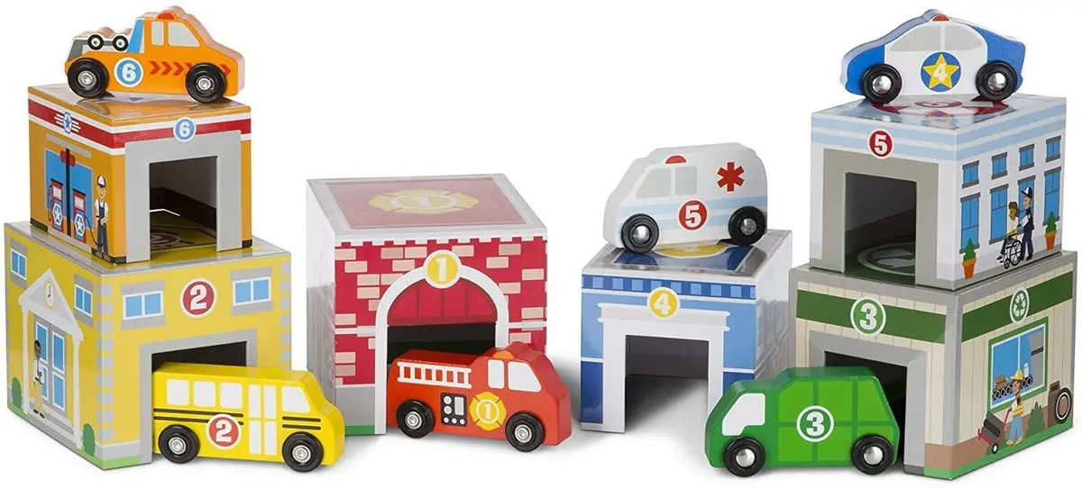 Melissa & Doug Nesting & Sorting Wooden Buildings & Vehicles 1