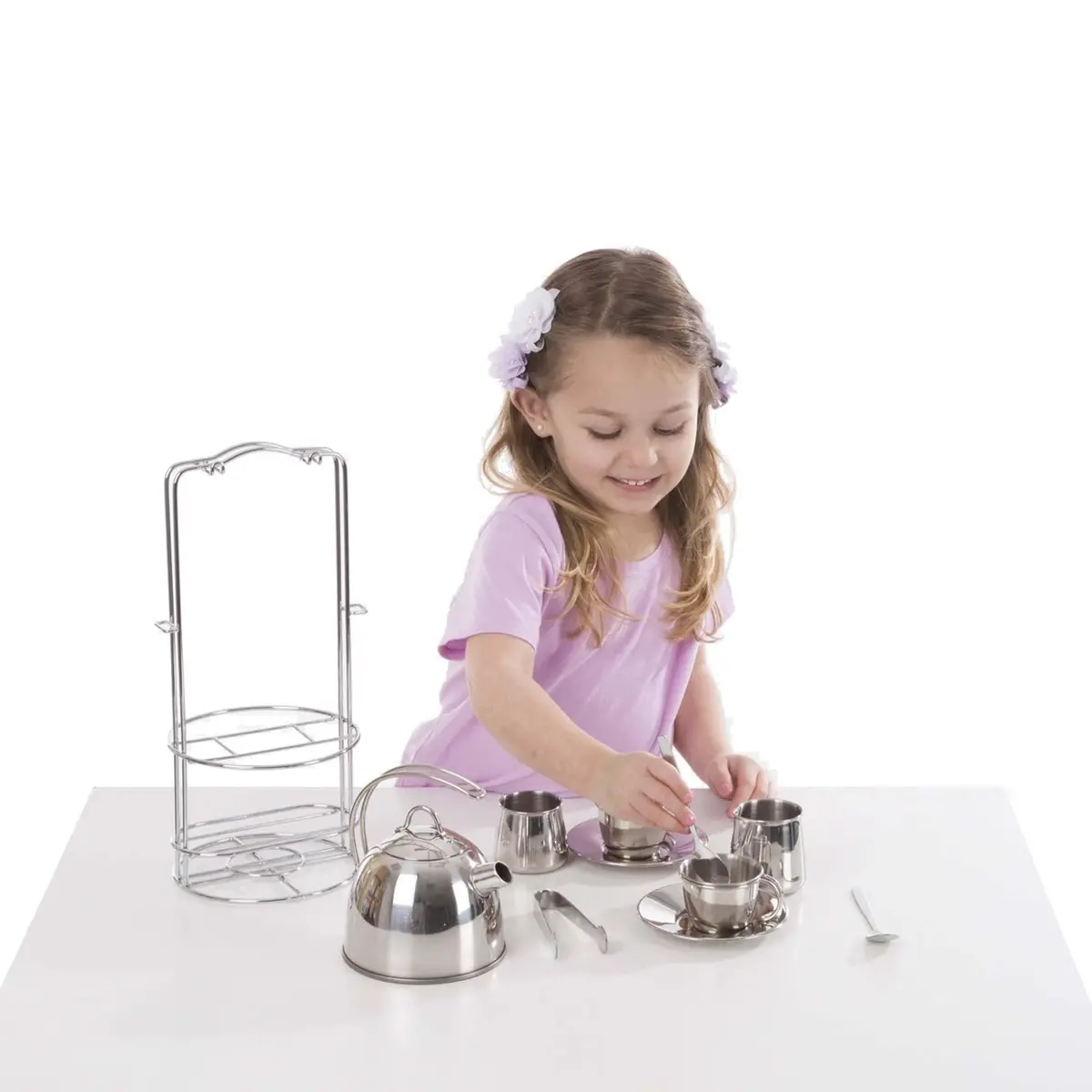 Melissa & Doug Stainless Steel Tea Set And Storage Stand Pretend Play 1