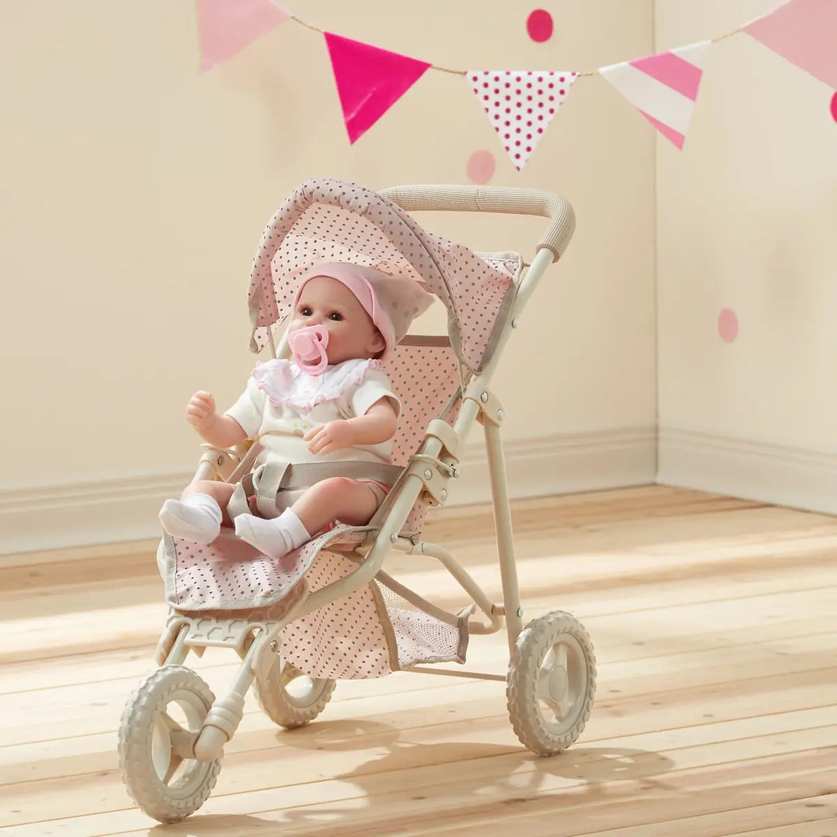 Teamson Olivia's Little World Doll Jogging-Style Pram With Canopy - Pink/Cream/Grey Dolls Accessories 1