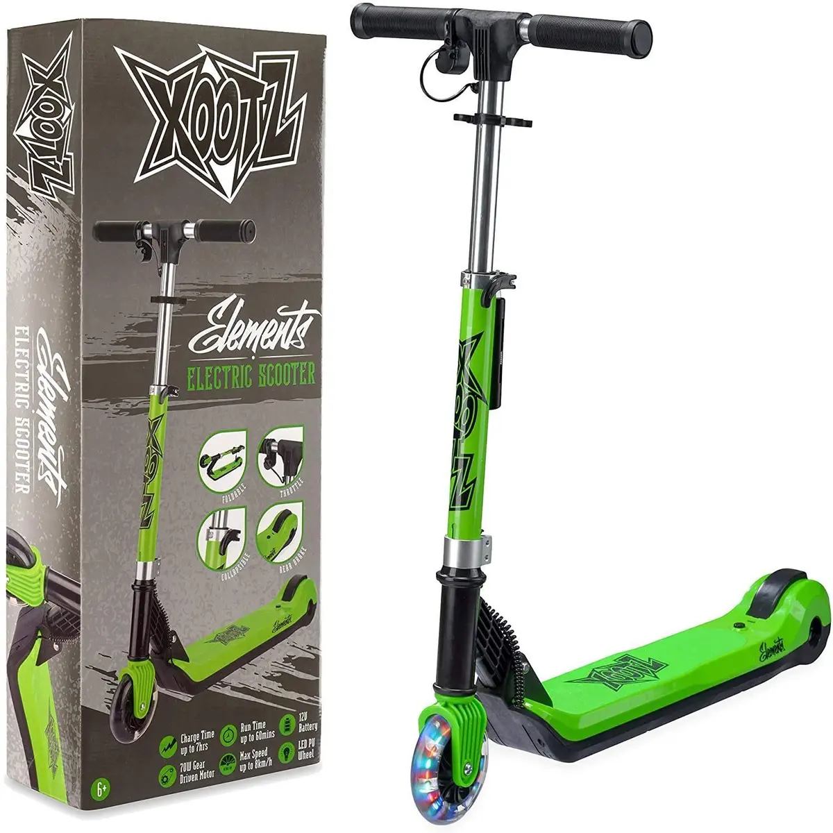 Xootz Kids Electric Scooter Folding With Led Light Up Wheel - Green 1