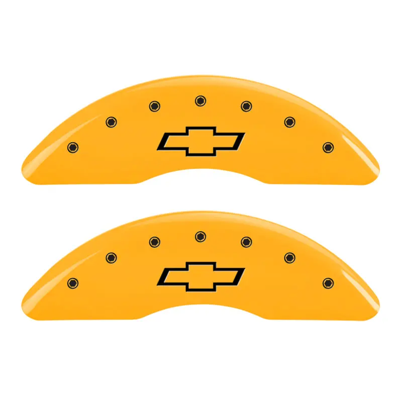 Mgp Engraved 4-Piston Caliper Covers – Front & Rear, Bowtie Design, Yellow Finish With Black Chrome Accents 1