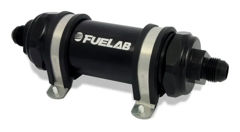 Fuelab 828 In-Line Fuel Filter Long -12An In/-8An Out 40 Micron Stainless - Black 1