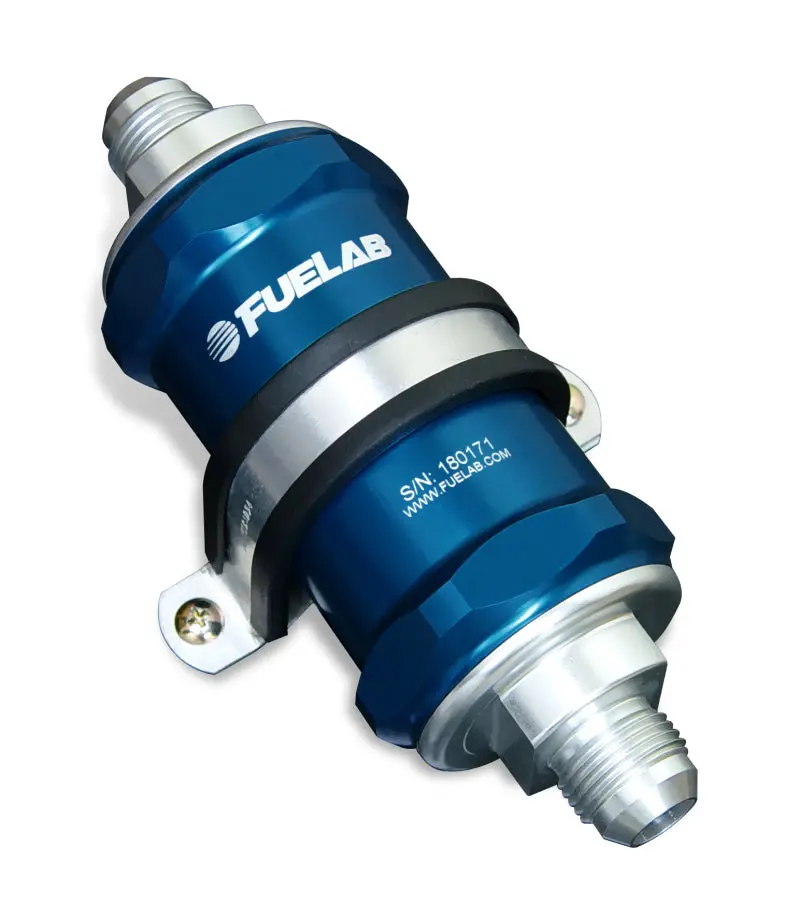 Fuelab 818 Inline Fuel Filter – -12An Inlet / -6An Outlet, 6-Micron Fiberglass Element (Blue Housing) 1