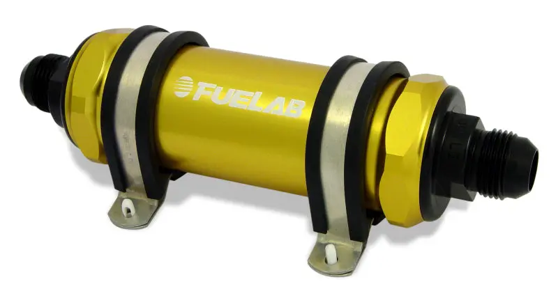 Fuelab 828 Inline Fuel Filter – Gold Anodized, -10An Inlet / -12An Outlet, 6-Micron Fiberglass Media 1