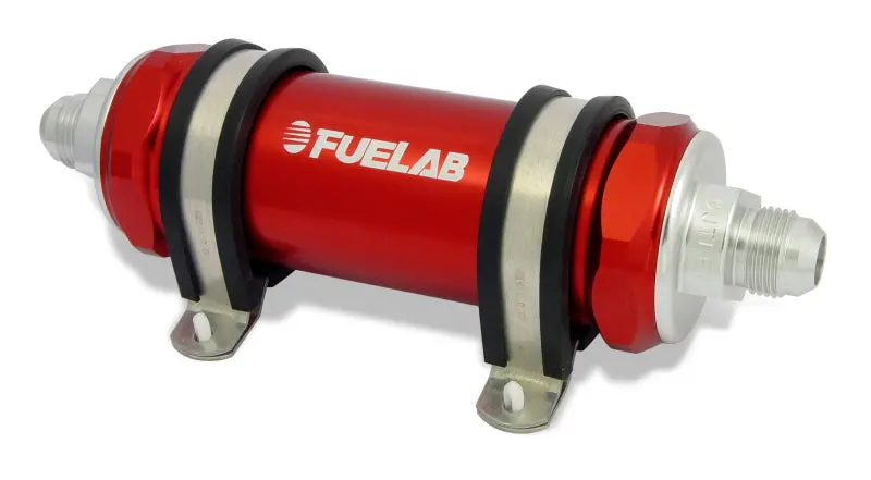 Fuelab 828 Inline Fuel Filter – Long Body, -10An Inlet / -6An Outlet, 40-Micron Stainless Steel, Red 1