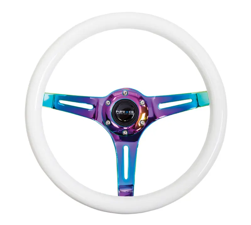 Nrg Classic Wood-Grain Steering Wheel – 350Mm Diameter, Glow-In-The-Dark Green Grip, Neochrome 3-Spoke Hub 1