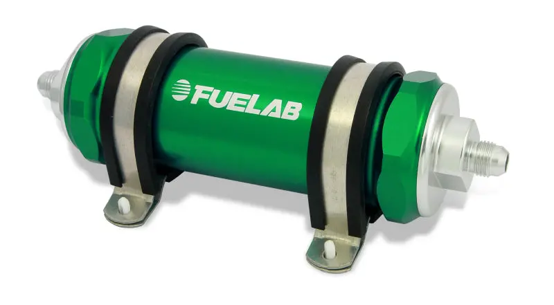 Fuelab 828 Inline Fuel Filter – Long Body, -10An Inlet / -12An Outlet, 10-Micron Fabric Element, Green 1